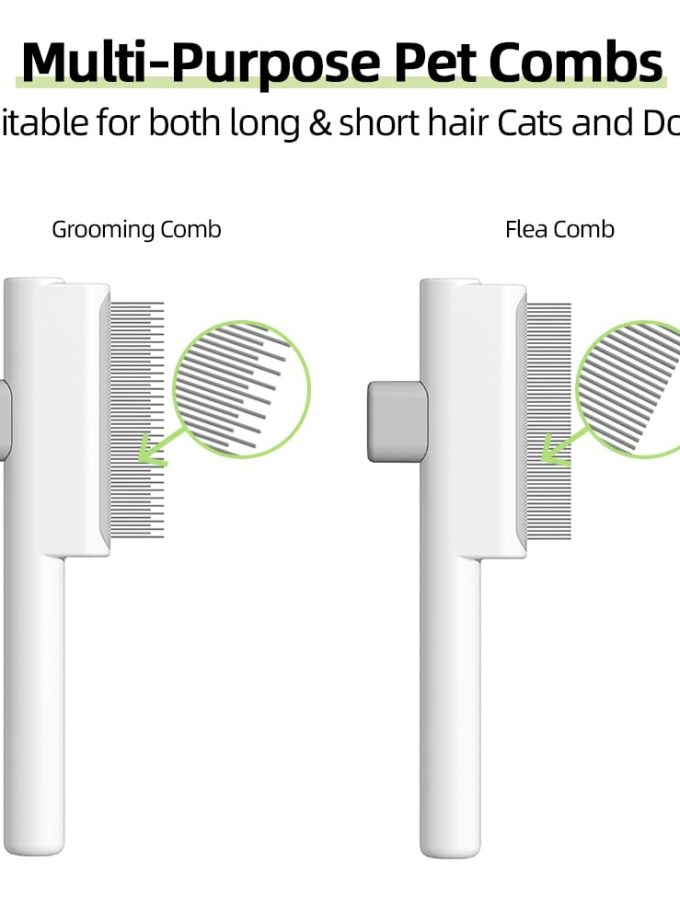 2Pcs Pet Comb Flea Comb Set for Cats Dogs, Cat Grooming Brush with Release Button and Stainless Steel Round Teeth, Self-Cleaning Dog Combs for Removing Pet Hair, Knots & Loose Fur, White
