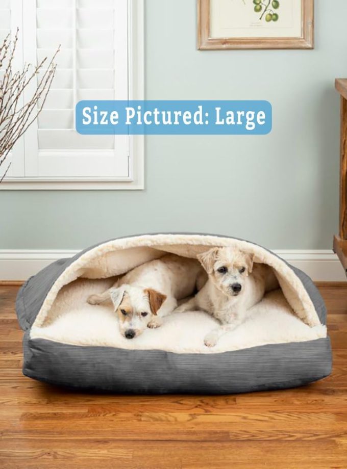 Rectangle Dog Bed - Indoor Dog Bed with Cover , Covered Calming Burrow for Medium & Large Sized Pets with Blanket Attached, Enclosed, Washable - Large, Heather Gray
