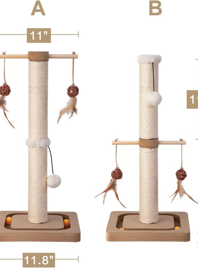 Cat Scratching Post Premium Sisal Scratch Posts with Tracking Interactive Toys Vertical Scratcher for Indoor Cats and Kittens- 25 inches Beige