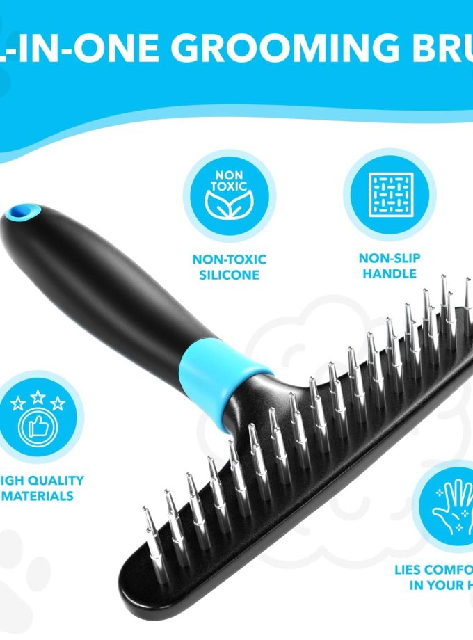 Deshedding Brush - Undercoat Rake for Dogs, Cats, Matted, Short, Long Hair Coats - Double Row Stainless Steel Pins - Reduce Shedding by 90% (Blue)