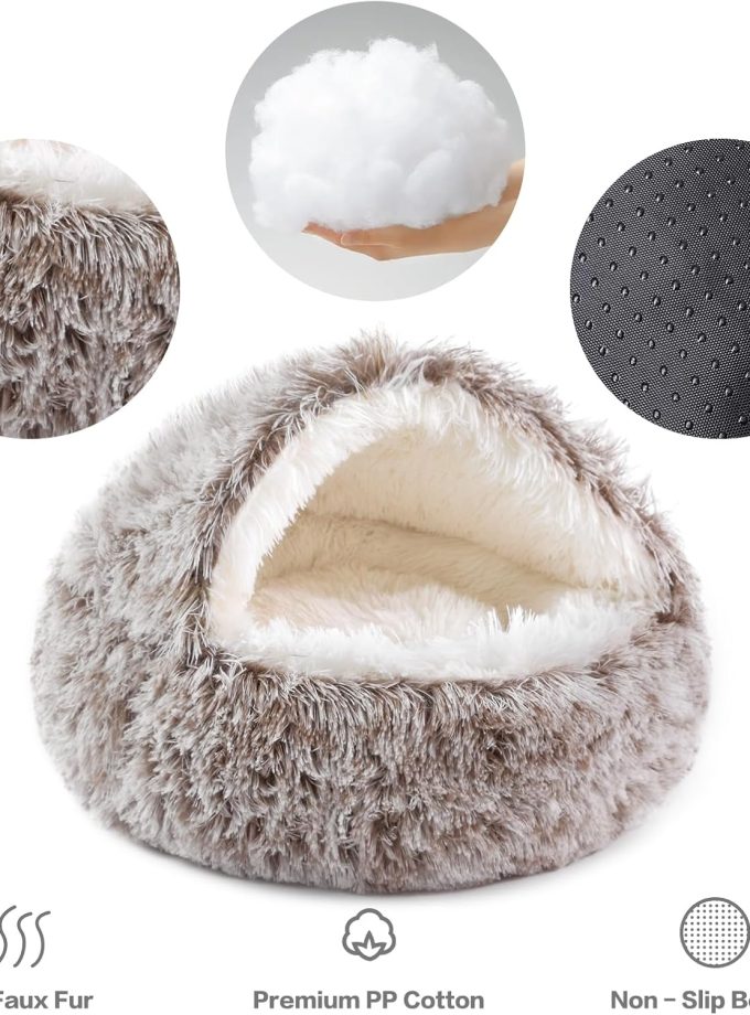 Round Hooded Donut Dog Bed for Small & Medium Pets - Plush Fluffy Anti-Anxiety Cat Bed with Cover