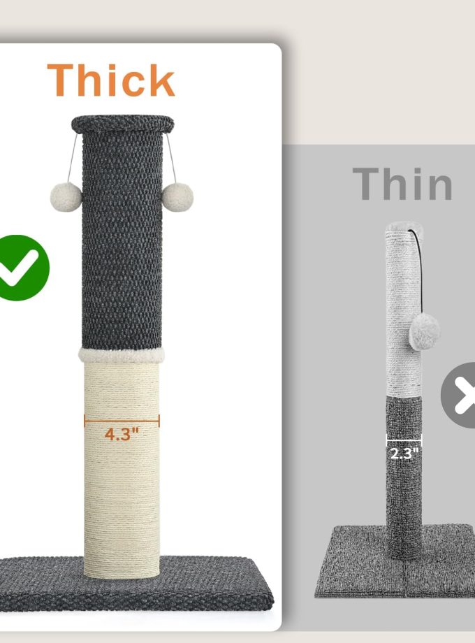 Tall Cat Scratching Post, Heavy Duty and Thicker Scratching Posts for Indoor Cats Adults, 33" Natural Sisal Cat Scratcher with Hanging Balls, Sturdy Base Cat Scratch Post, Dark Grey