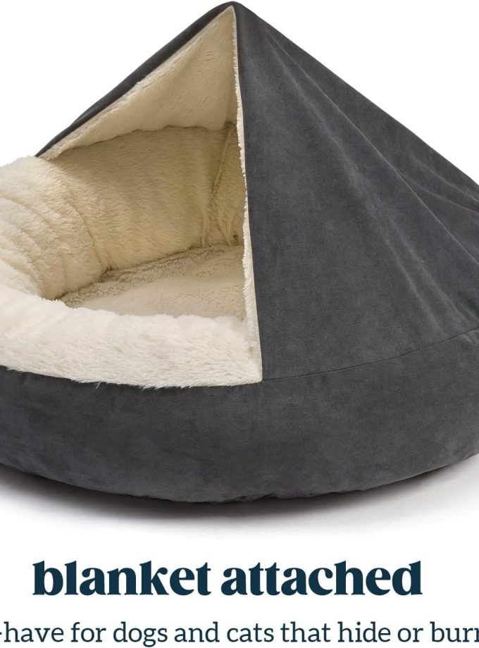Small Dog Bed for Extra Small Dogs Up to 20lbs - Washable Burrow Puppy Beds with Blanket Attached - Covered Dog Bed with Anti-Slip Bottom - Charcoal Gray, 24"