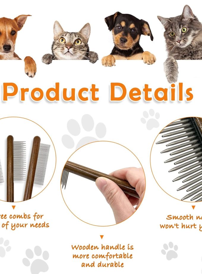 3 Pack Solid Wood Cat Combs, Stainless Steel Teeth for Cat Dog Rabbit Massage, Flea Lice Comb Removes Mats, Tangles and Loose Fur, Grooming Comb for Small Medium Pets