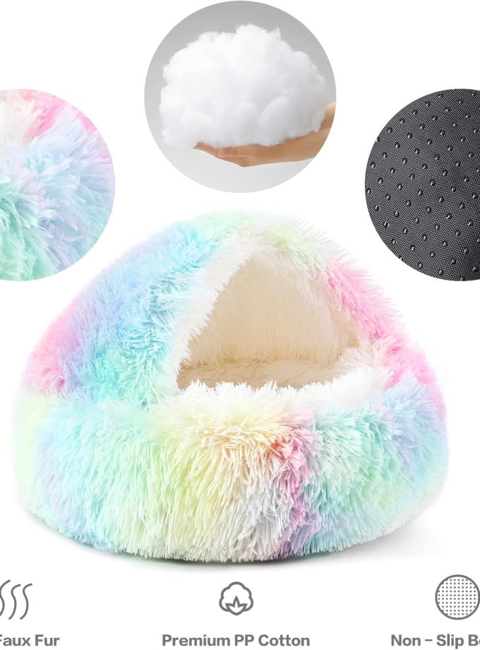Round Hooded Donut Dog Bed for Small & Medium Pets - Plush Fluffy Anti-Anxiety Cat Bed with Cover