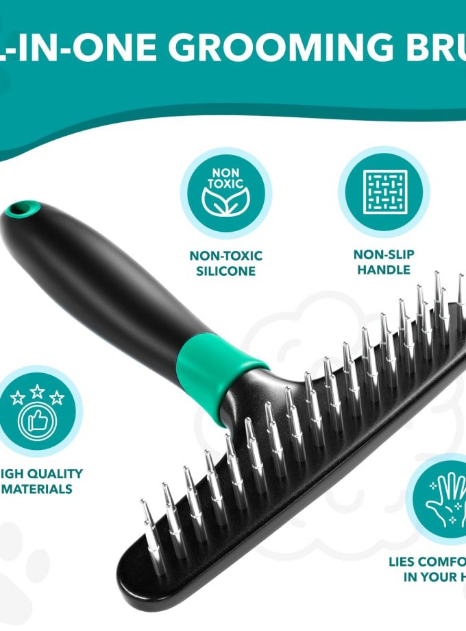 Deshedding Brush Comb - Undercoat Rake for Dogs, Cats, Short, Long Hair Coats - Double Row Stainless Steel Pins - Reduce Shedding by 90% (Green)