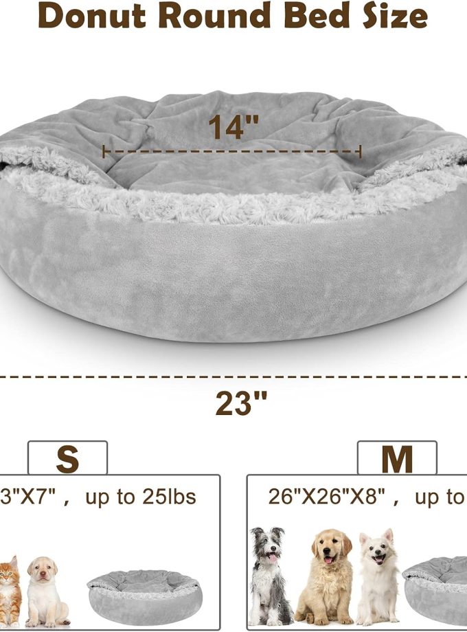 Small Dog Bed Cat Bed with Hooded Blanket, Cozy Cuddler Luxury Puppy Pet Bed, Donut Round Calming Anti-Anxiety Dog Burrow Bed - Anti-Slip Bottom and Machine Washable 23 inch