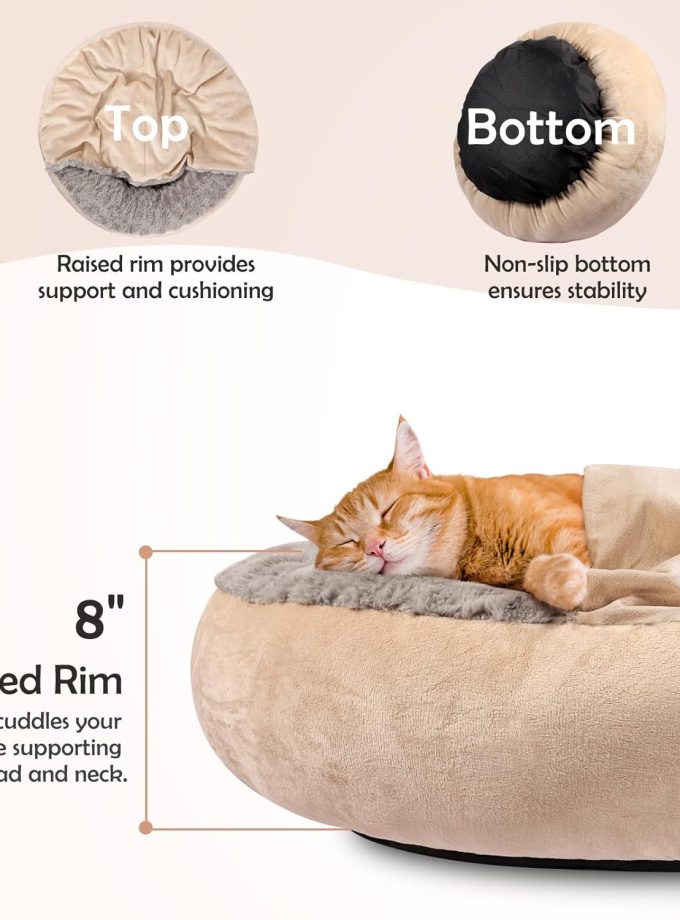 Small Dog Cat Bed With Hooded Blanket, Cozy Cuddler Luxury Puppy Pet Donut Round Calming Anti-Anxiety Burrow - Anti-Slip Bottom, Machine Washable, 23 Inch