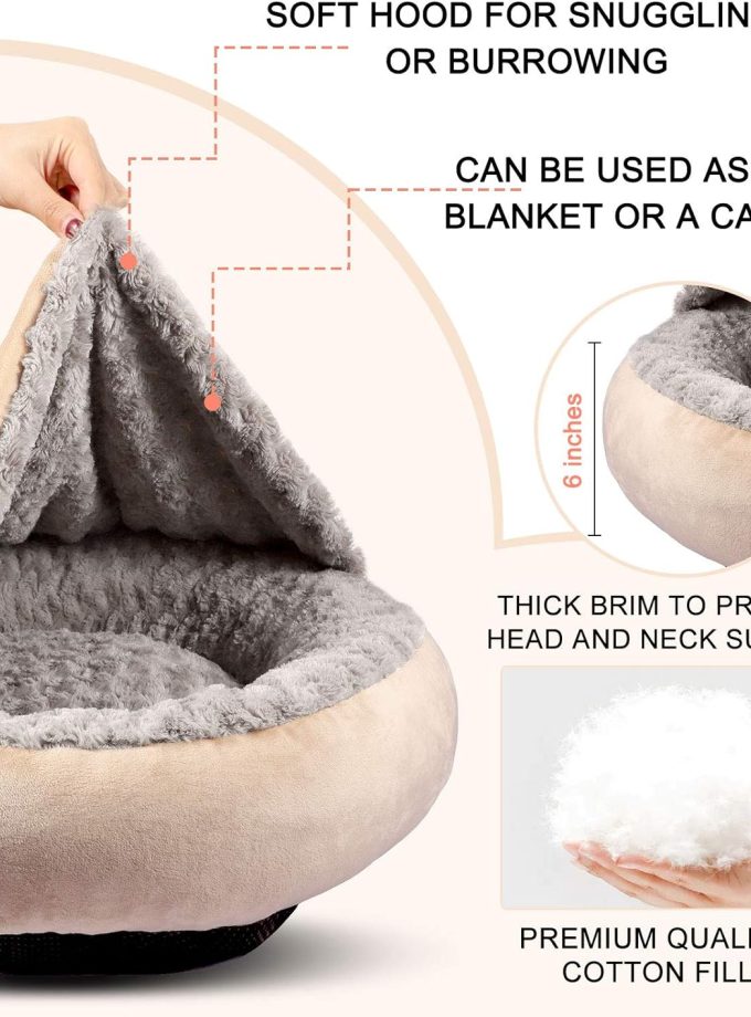 Small Dog & Cat Bed, 23'' Donut Pet Bed Mat with Hooded Blanket, Anti-Anxiety Burrow Bed, Cozy Puppy Bed, Machine Washable, for Indoor Pets up to 20lbs