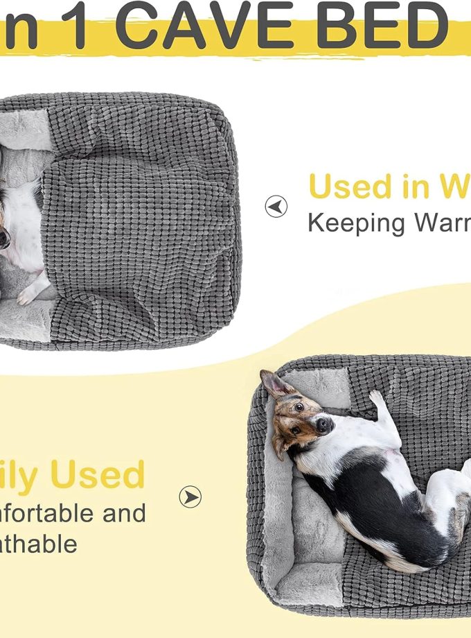 Dog Beds for Large Medium Small Dogs, Rectangle Hooded Blanket Puppy Bed, Luxury Anti-Anxiety Orthopedic Cat Beds for Indoor Cats, Warmth and Machine Washable (20 inches, Grey)