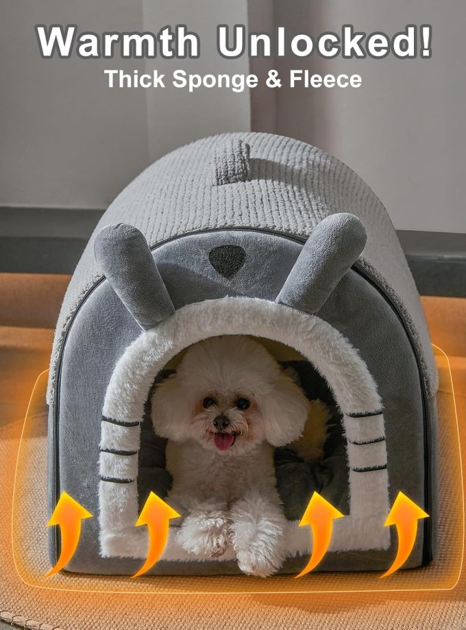 Cute Small Dog Bed with Door Curtain Design, Dog House with Reversible Washable Cushion, L Size Portable Puppy House, Cartoon Style Hut Up to 25lbs, Non-Slip Bottom, Grey