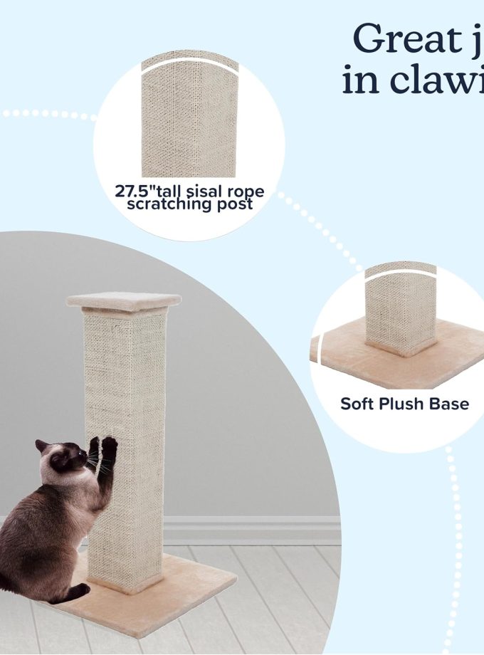 Cat Scratching Post with Carpeted Base - 27.75-Inch Sisal Burlap Fabric Scratcher - Furniture Scratching Deterrent for Indoor Cats by (Beige)