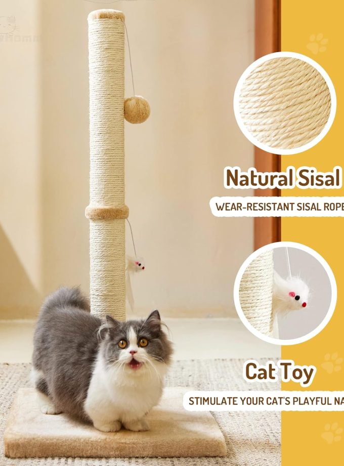 32” Tall Cat Scratching Posts for Indoor Cats Adults with 2 Hanging Ball, Large Cat Scratch Post Cat Scratcher Includes Sisal Rope(Yellow)